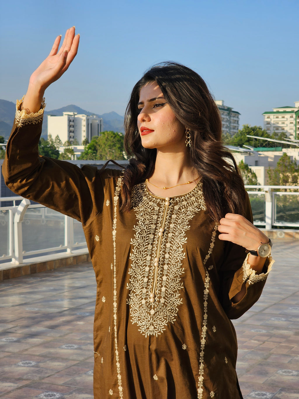 Tobacco Brown 3-Piece Suit with Embroidered Kurta, Straight Pants, and Dupatta