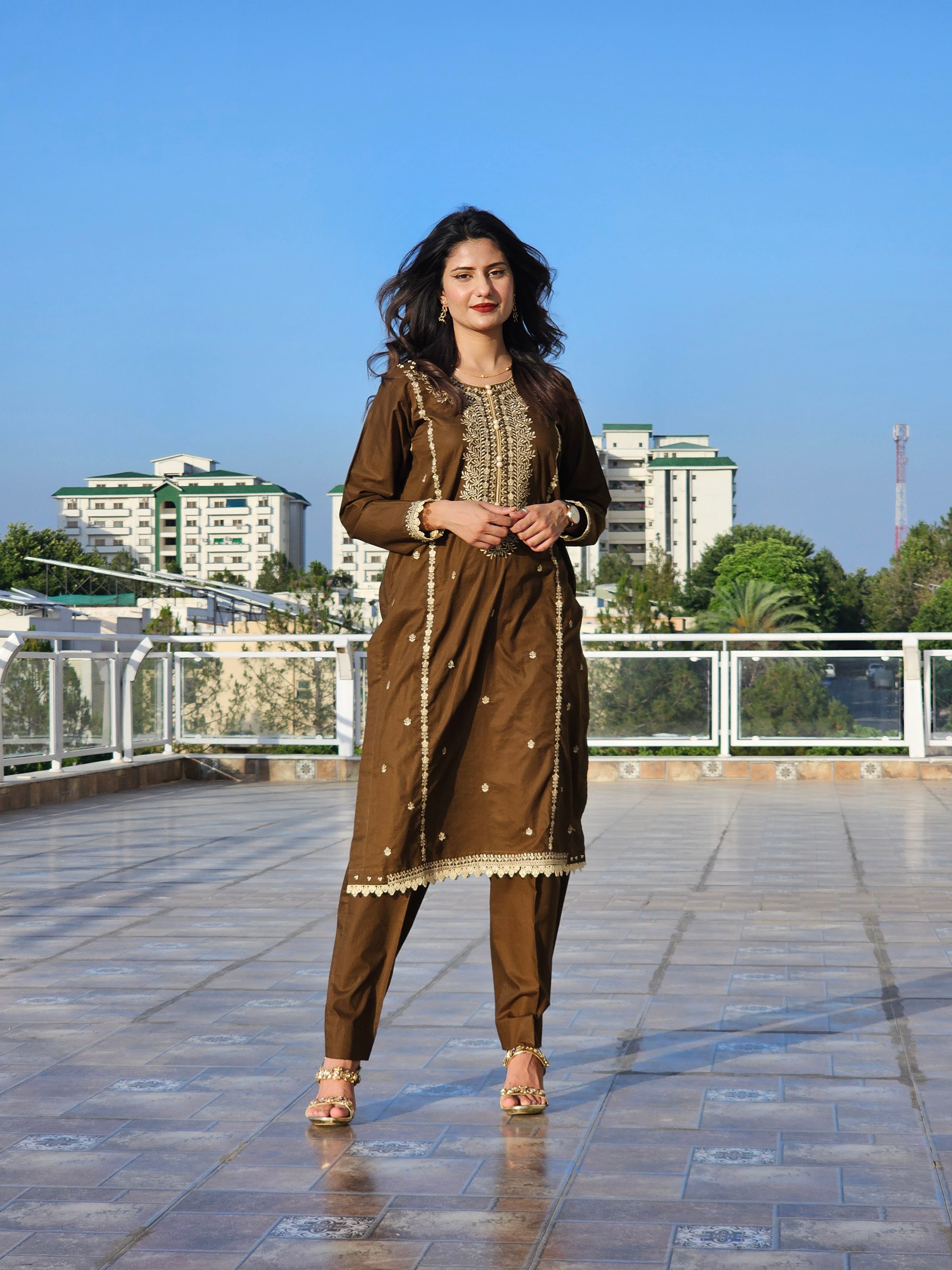 Tobacco Brown 3-Piece Suit with Embroidered Kurta, Straight Pants, and Dupatta