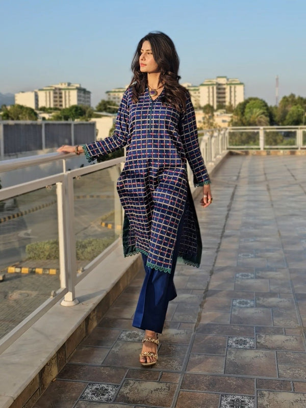 Royal Blue 2-Piece Suit with Embroidered Kurta, Trousers