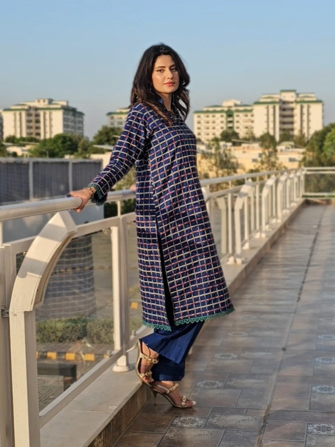 Royal Blue 2-Piece Suit with Embroidered Kurta, Trousers