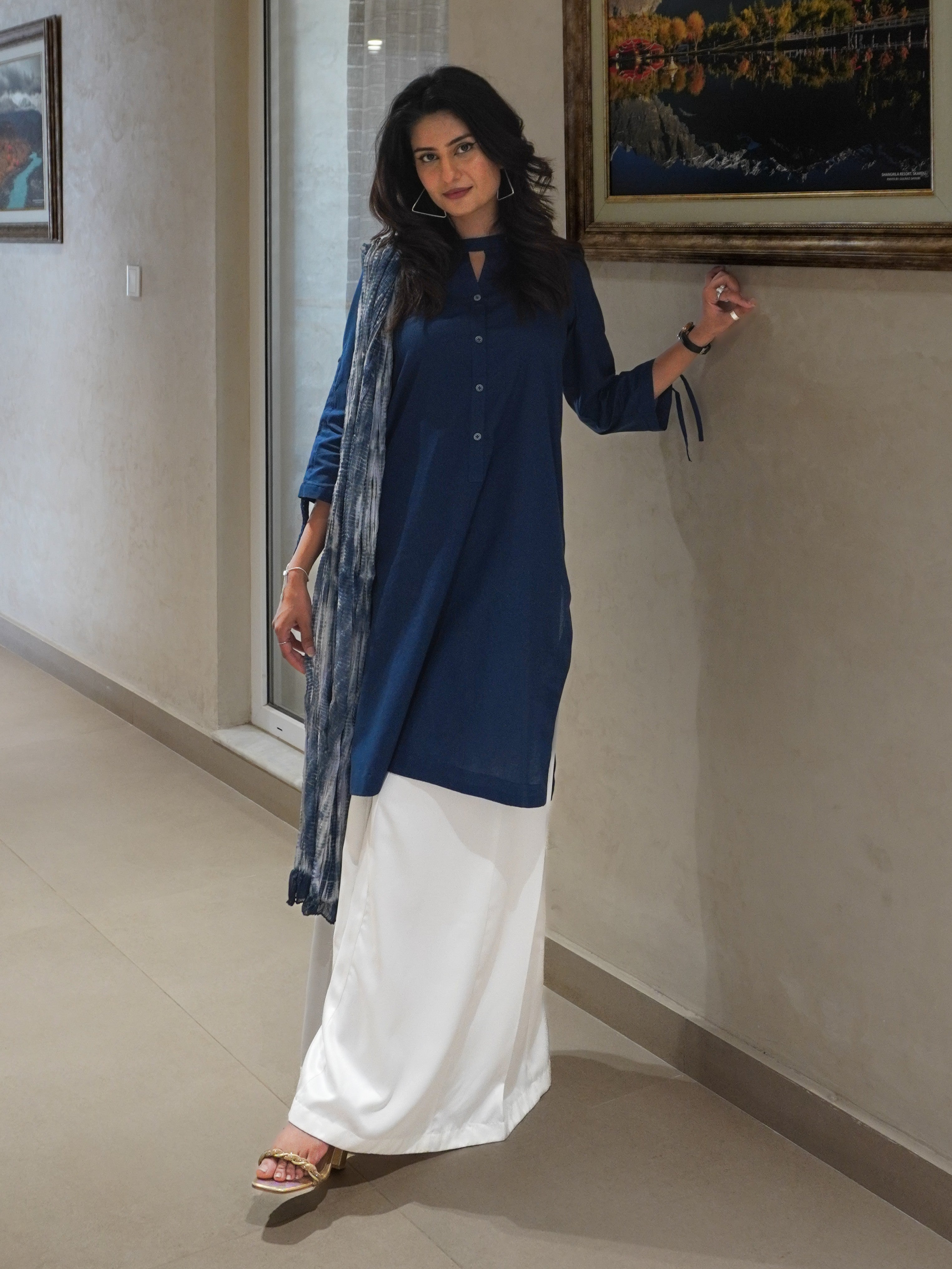 2-Piece Suit Prussian Blue Cotton Kurta Set with Tie-Dye Dupatta