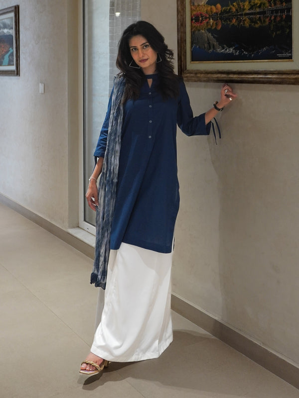 2-Piece Suit Prussian Blue Cotton Kurta Set with Tie-Dye Dupatta