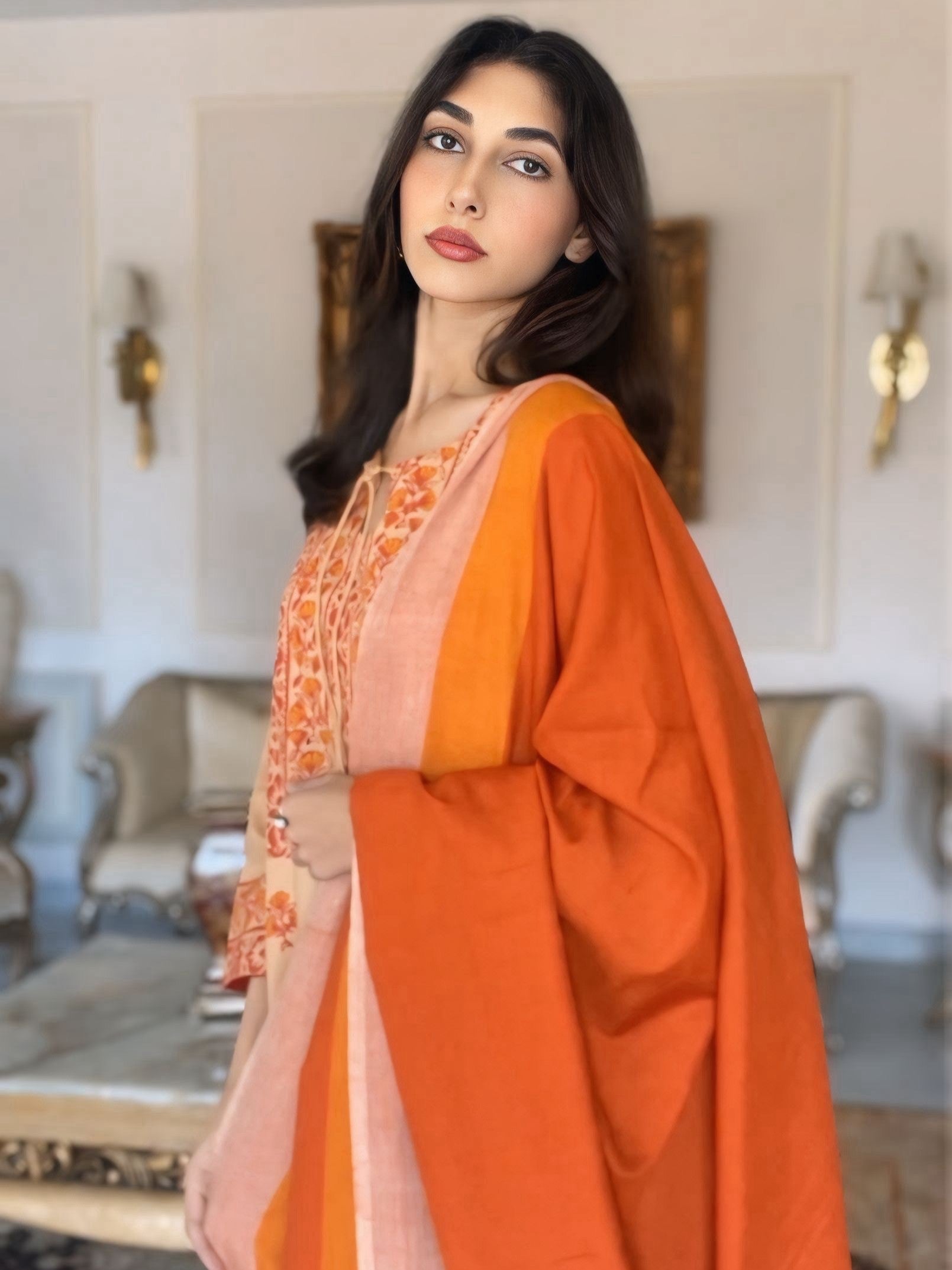 Apricot & Saffron Bloom Hand-Block Printed Marina 3-Piece Suit