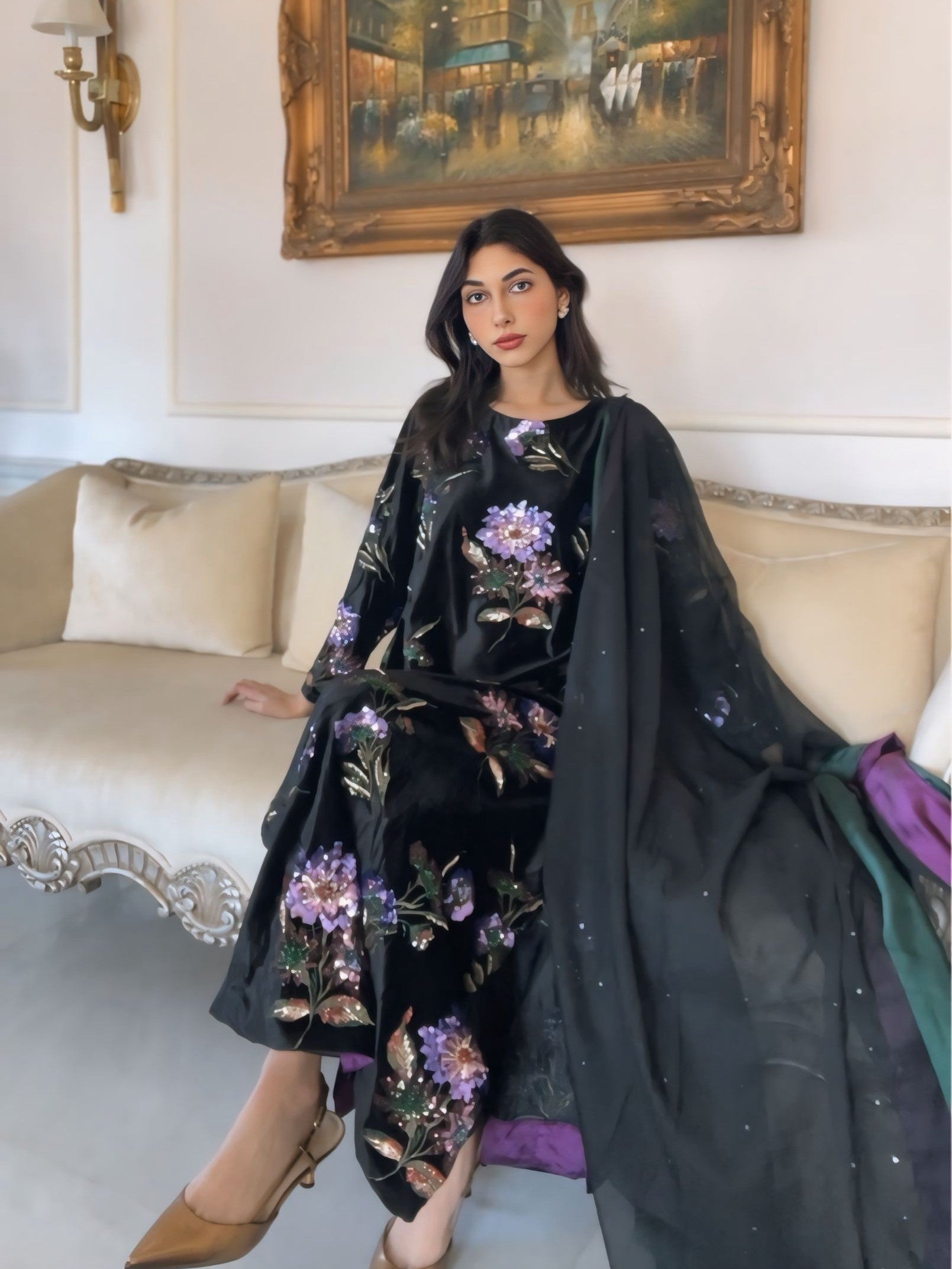 Black Velvet Dress With Sequence Work in Purple and Bottle Green