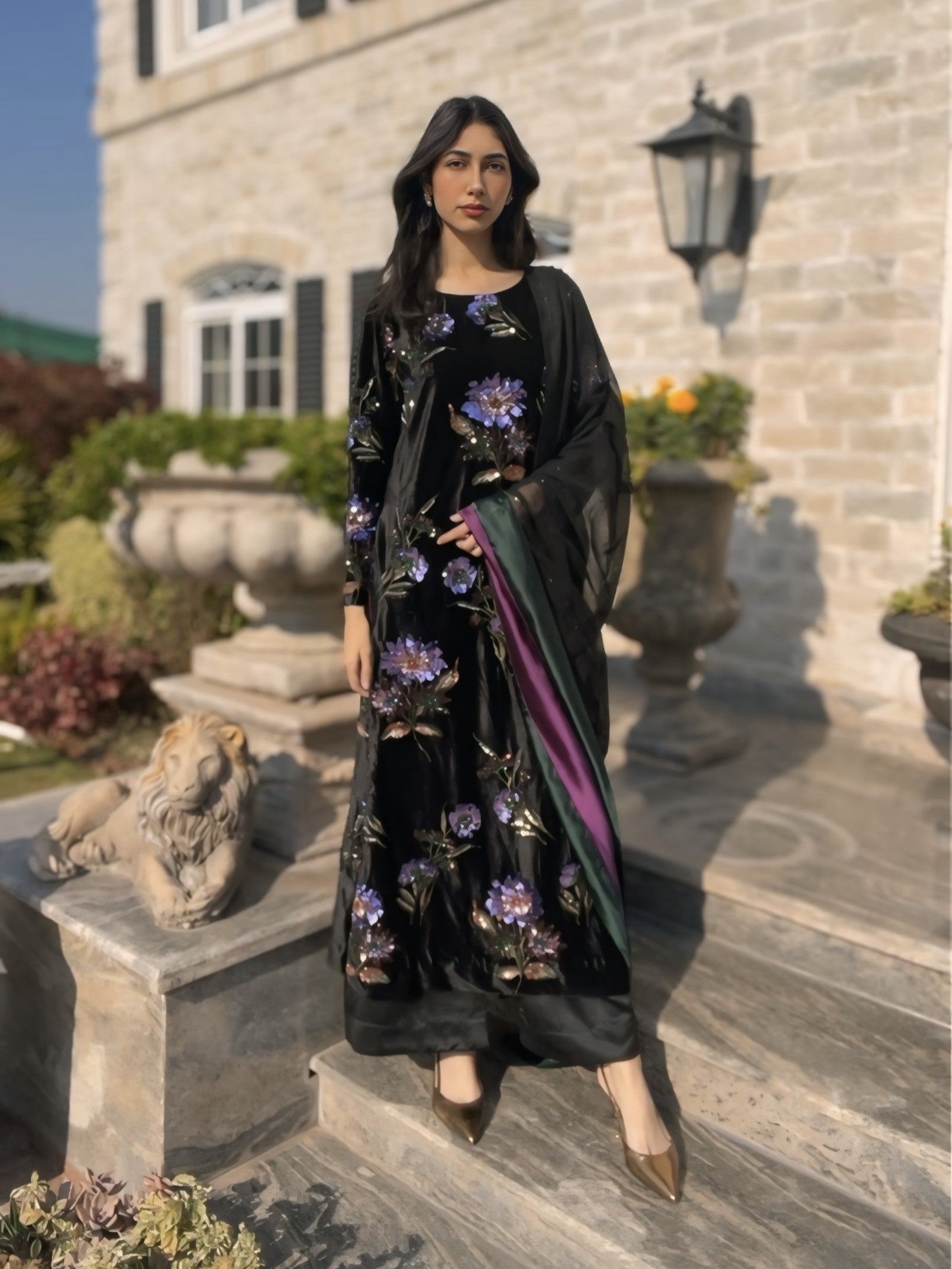 Black Velvet Dress With Sequence Work in Purple and Bottle Green