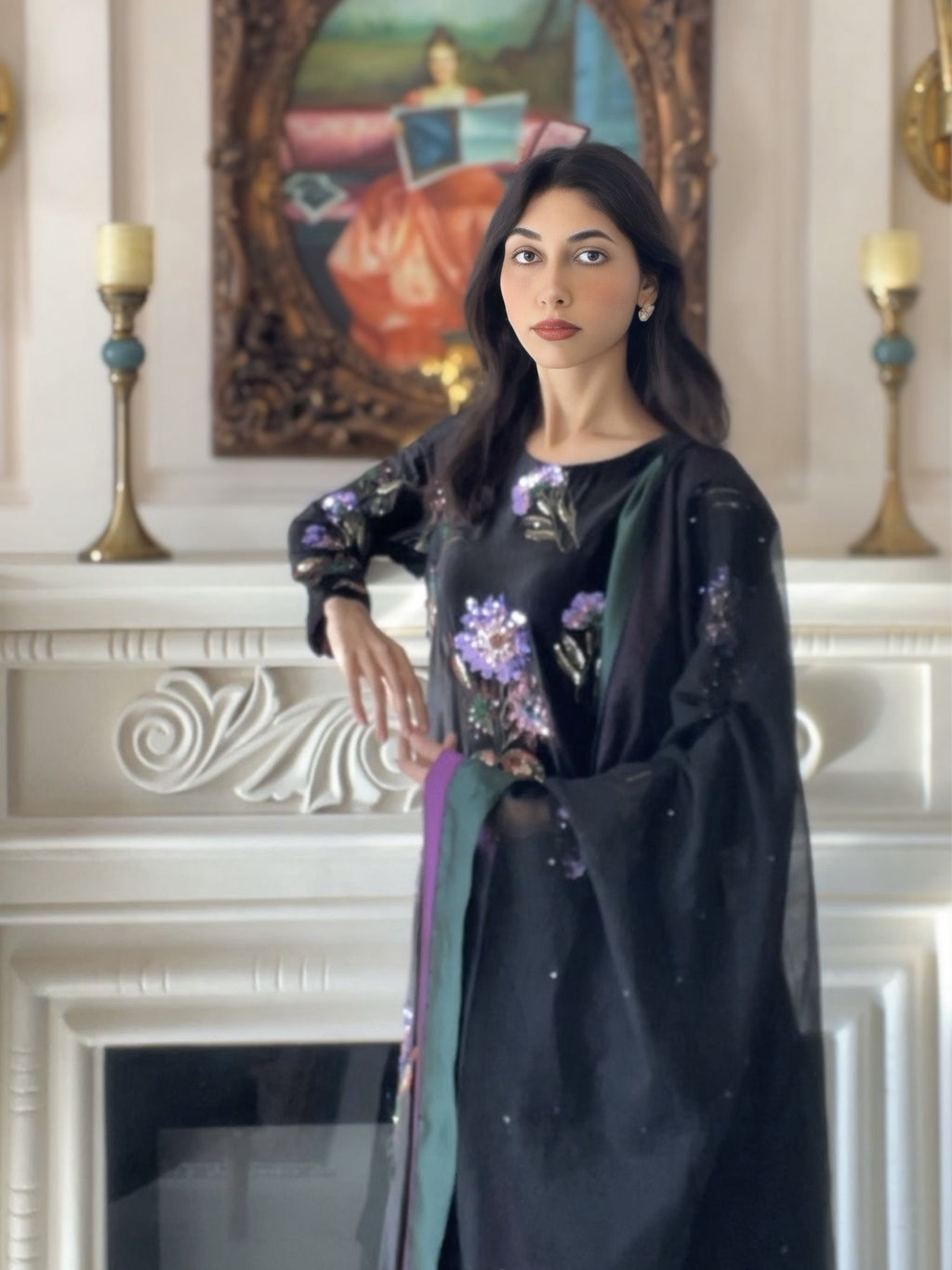 Black Velvet Dress With Sequence Work in Purple and Bottle Green