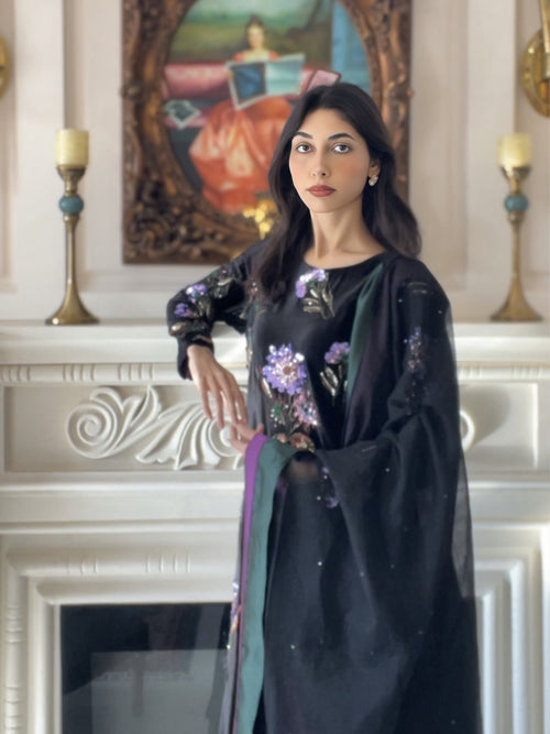 Black Velvet Dress With Sequence Work in Purple and Bottle Green