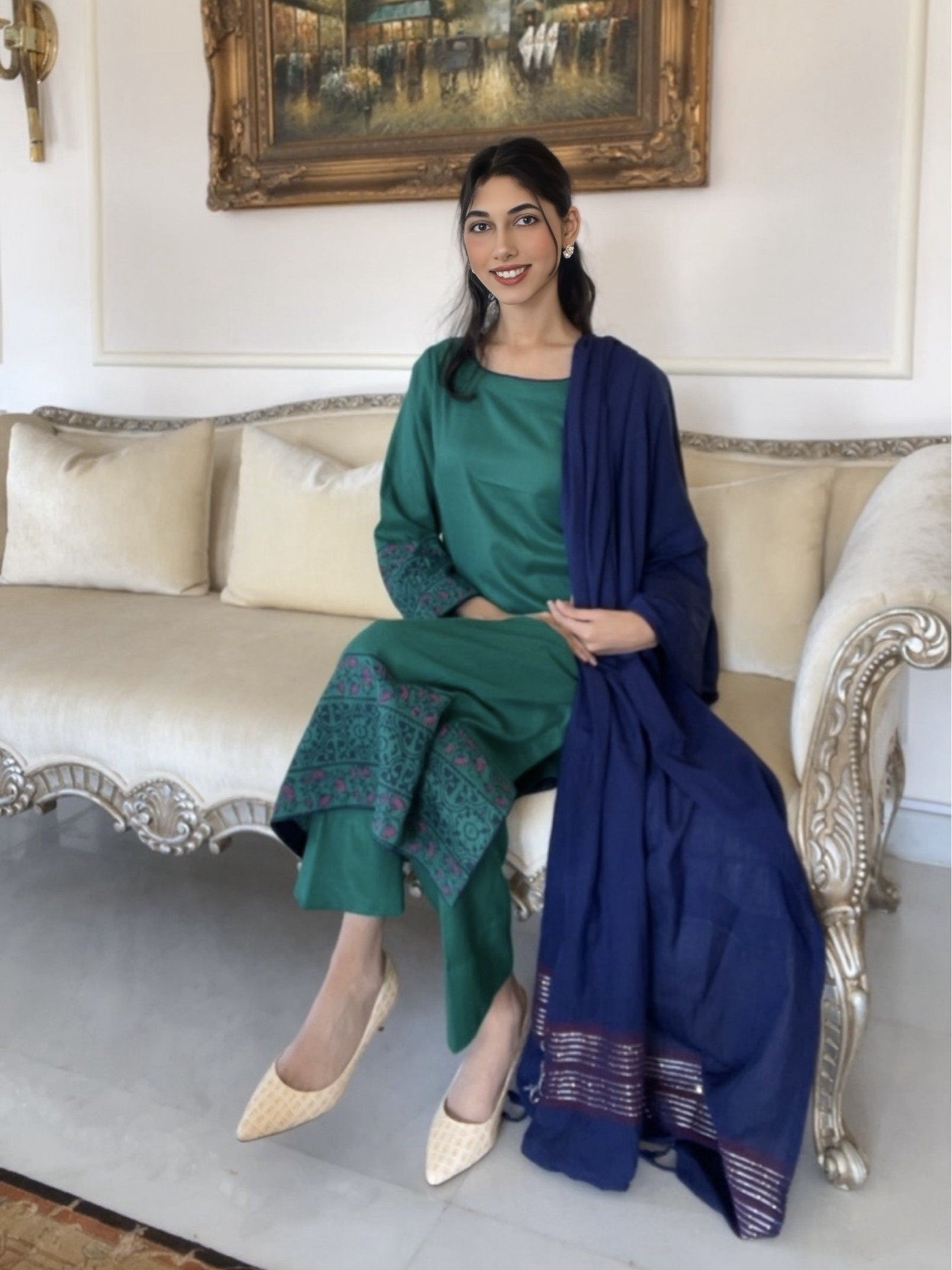 Jade & Navy Hand-Block Printed Marina 3-Piece Artisan Suite