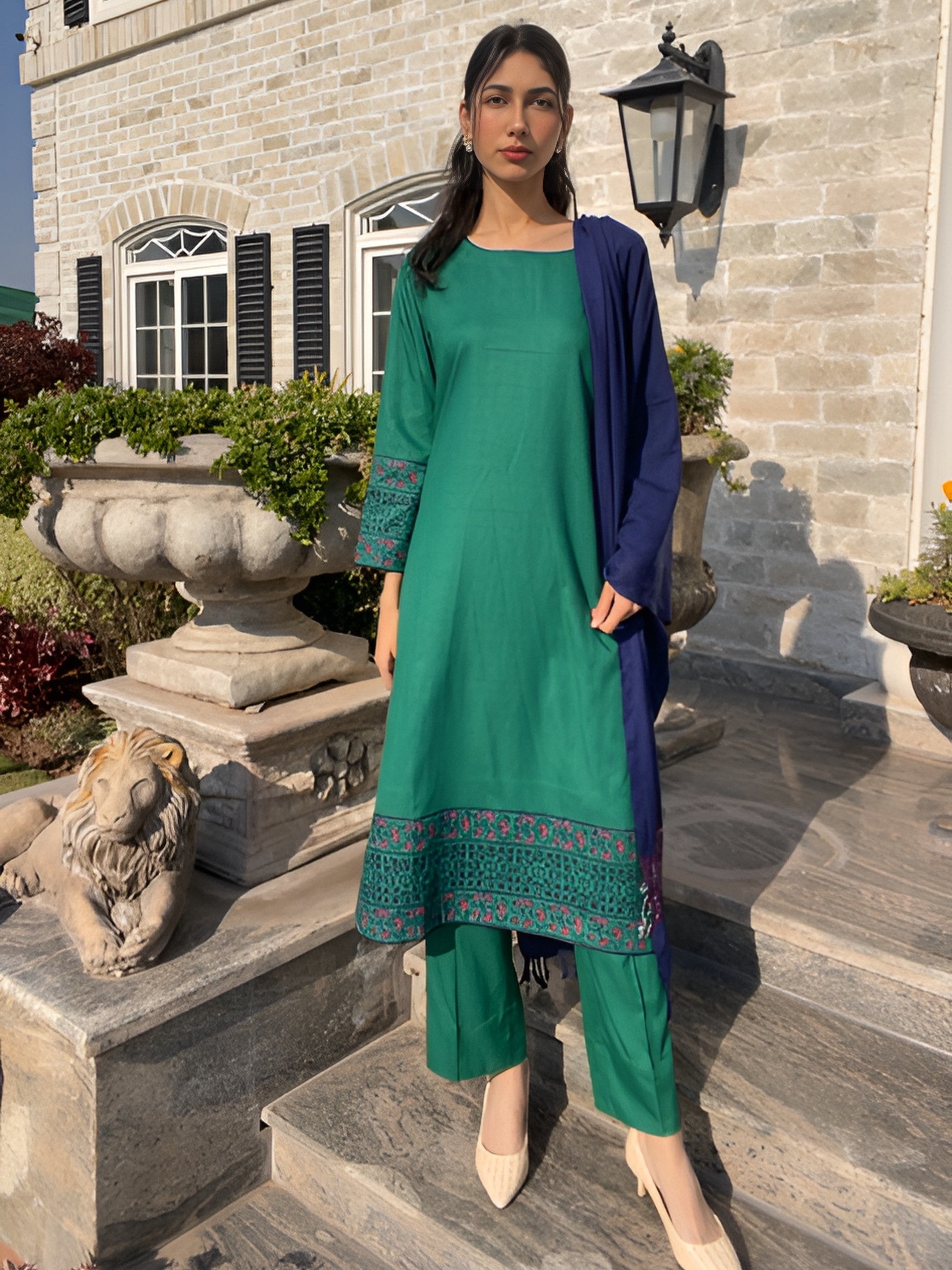 Jade & Navy Hand-Block Printed Marina 3-Piece Artisan Suite