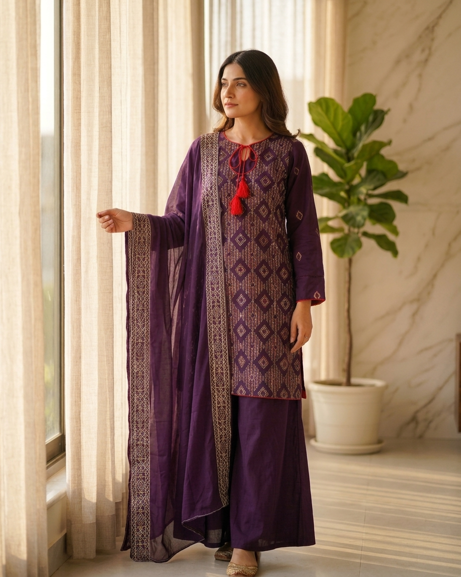 Royal Purple Embroidered Lawn 3-Piece Suit