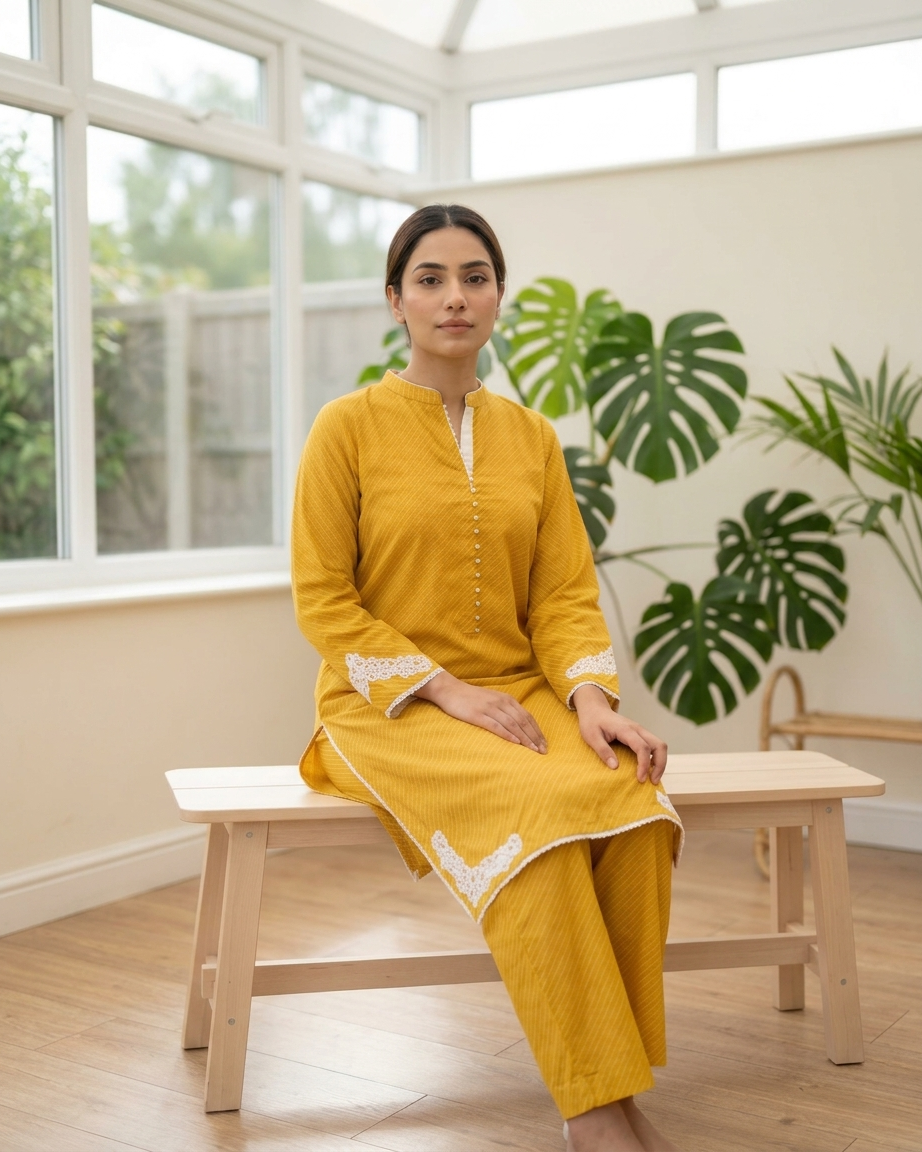 Mustard Lawn Printed Suit With Embroidery